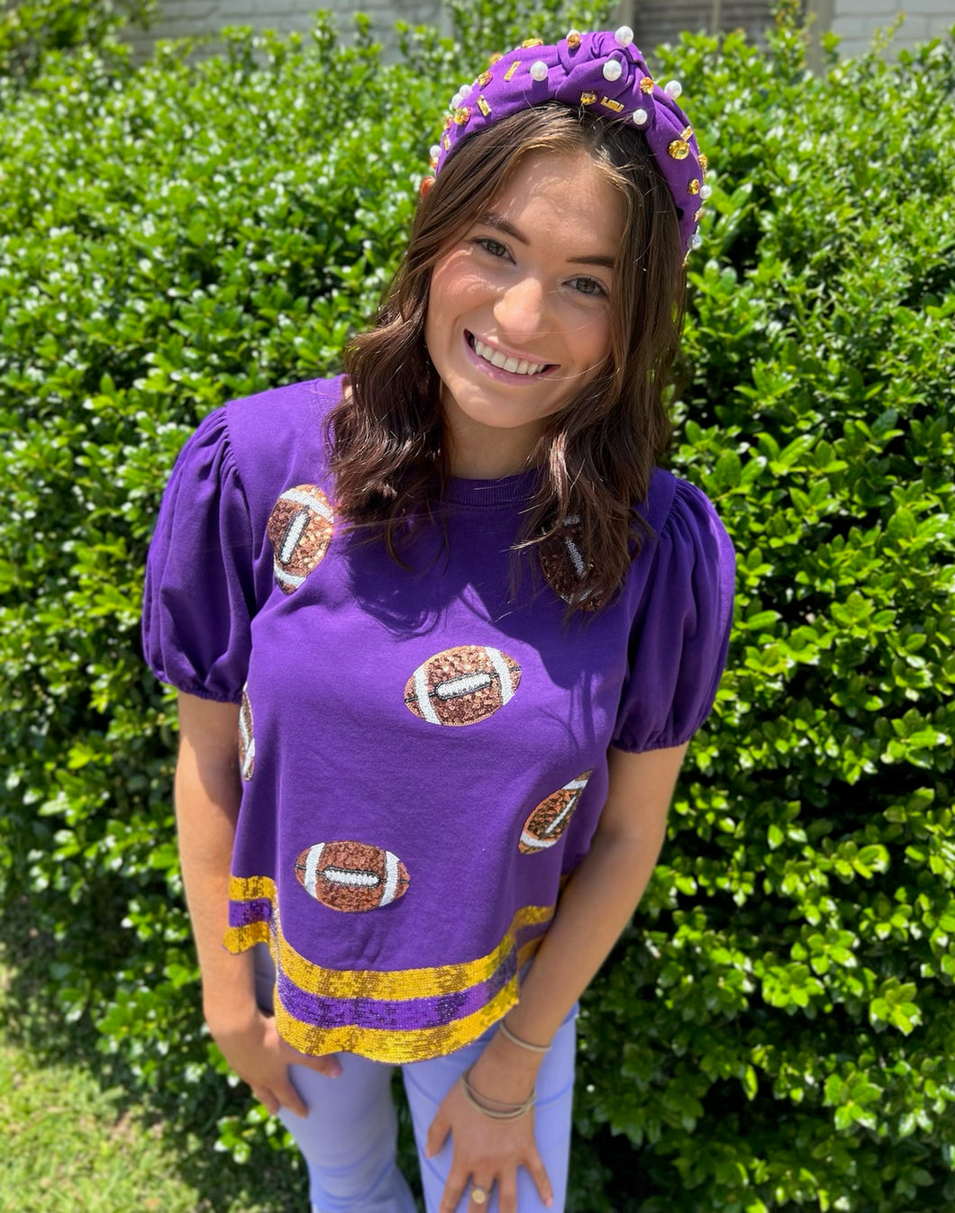 PURPLE AND GOLD FOOTBALL SEQUIN TOP – Sanctuary Home & Gifts