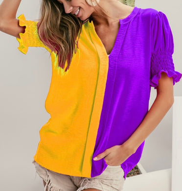 PURPLE AND GOLD COLOR BLOCK VNECK TOP