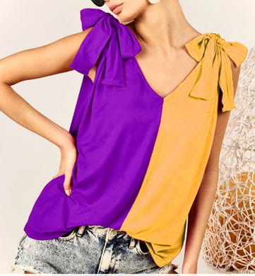 PURPLE AND GOLD KNIT RIBBON TIE TOP