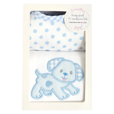 BLUE PUPPY APPLIQUE BIB & BURP BOX SET