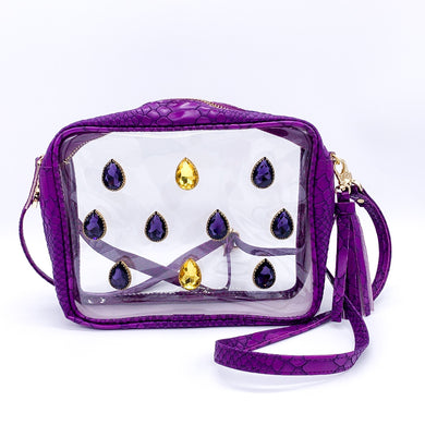 PURPLE AND GOLD CRYSTAL CROC CLEAR PURSE
