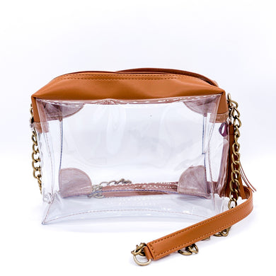 BROWN LEATHER CLEAR PURSE RECTANGLE