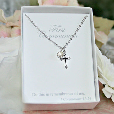 FIRST COMMUNION CROSS WITH CRYSTAL BALL NECKLACE