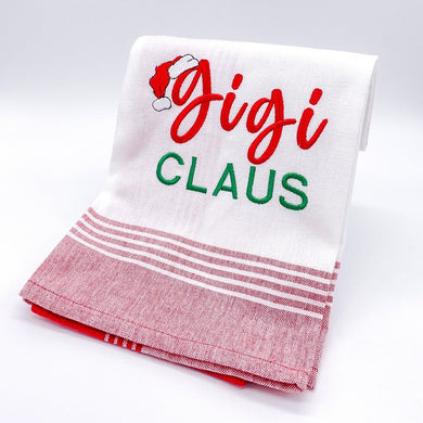 GIGI CLAUS TEA TOWEL WITH RED BORDER