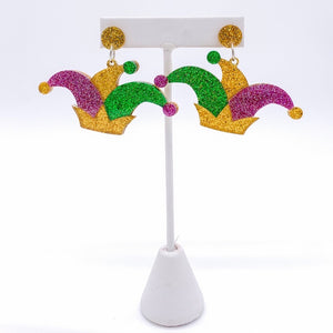 2" ACRYLIC MARDI GRAS JESTER HAT EARRINGS