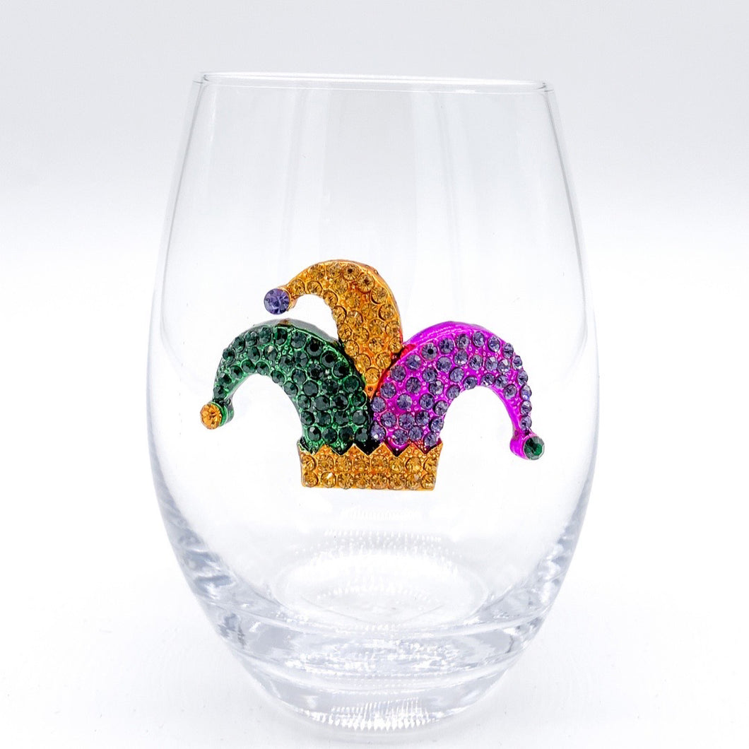 MARDI GRAS JESTER HAT STEMLESS WINE GLASS