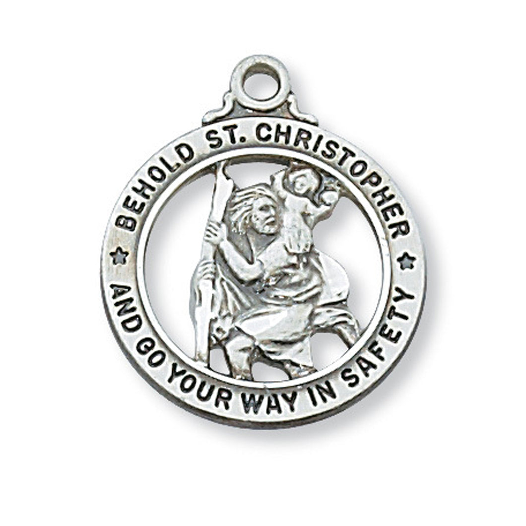 STERLING SILVER SAINT CHRISTOPHER OPEN ROUND PENDANT WITH CHAIN