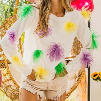 MARDI GRAS FEATHER LONG SLEEVE OFF WHITE