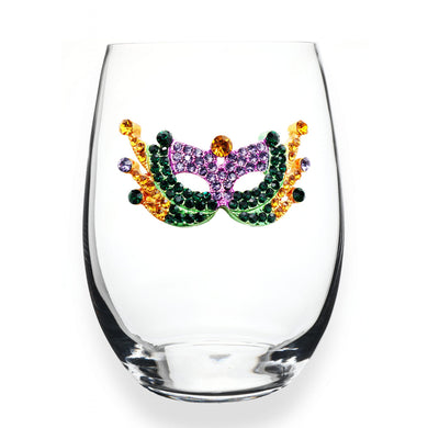 MARDI GRAS MASK JEWELED STEMLESS WINE GLASS