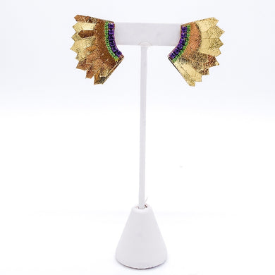 GOLD LEATHER MARDI GRAS RHINESTONE WING EARRINGS
