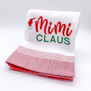 MIMI CLAUS TEA TOWEL WITH RED BORDER