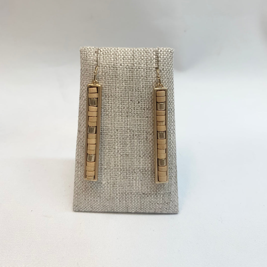 NATURAL WOOD & GOLD BEADED BAR EARRING