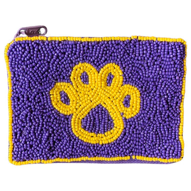 PURPLE AND GOLD PAW BEADED POUCH