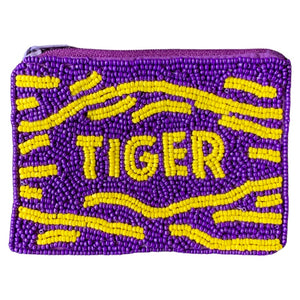 PURPLE AND GOLD TIGER BEADED POUCH